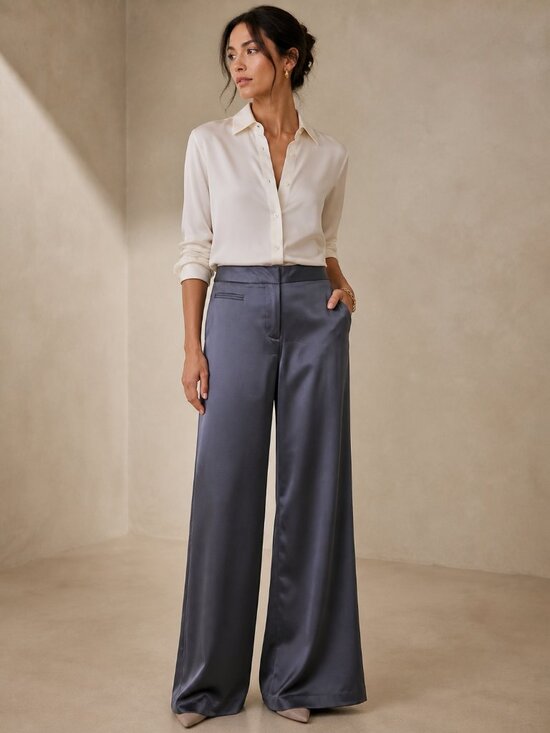 Victor Costa Pants - Victor Costa Stretch Satin Wide Leg Pants Charcoal Gray Size 4 NWT